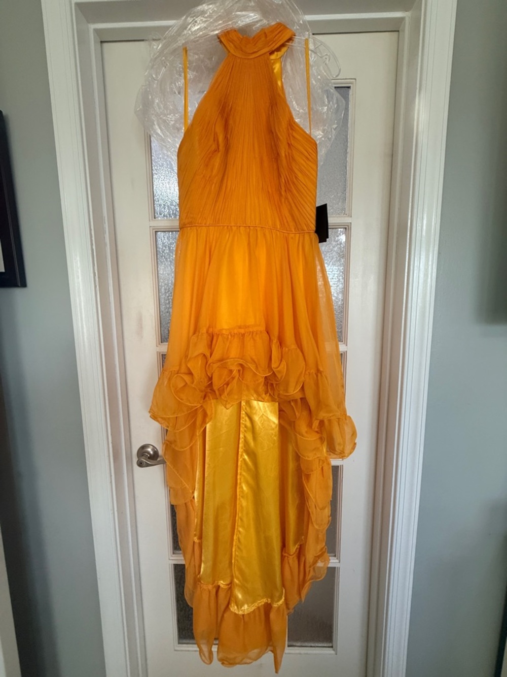Mac Duggal Golden Yellow High-Low Halter Ruffle Dress